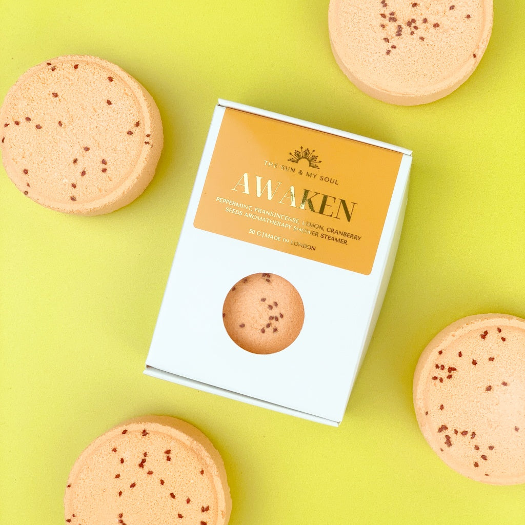 Awaken Aromatherapy Shower Steamer with Peppermint, Frankincense, Lemon and Cranberry Seeds