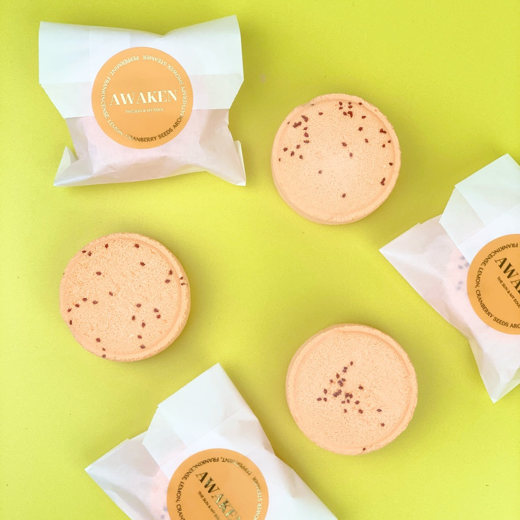 Awaken Aromatherapy Shower Steamer with Peppermint, Frankincense, Lemon and Cranberry Seeds