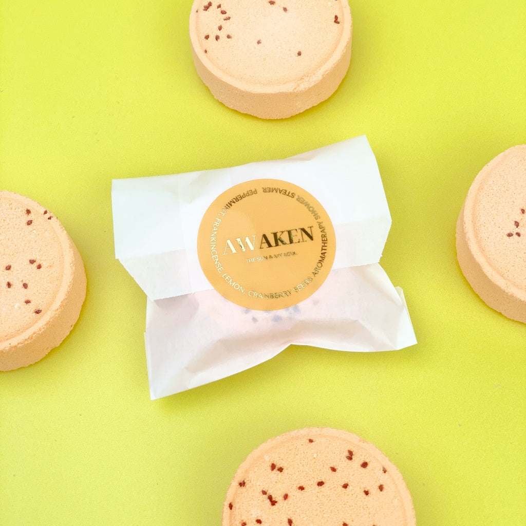 Awaken Aromatherapy Shower Steamer with Peppermint, Frankincense, Lemon and Cranberry Seeds