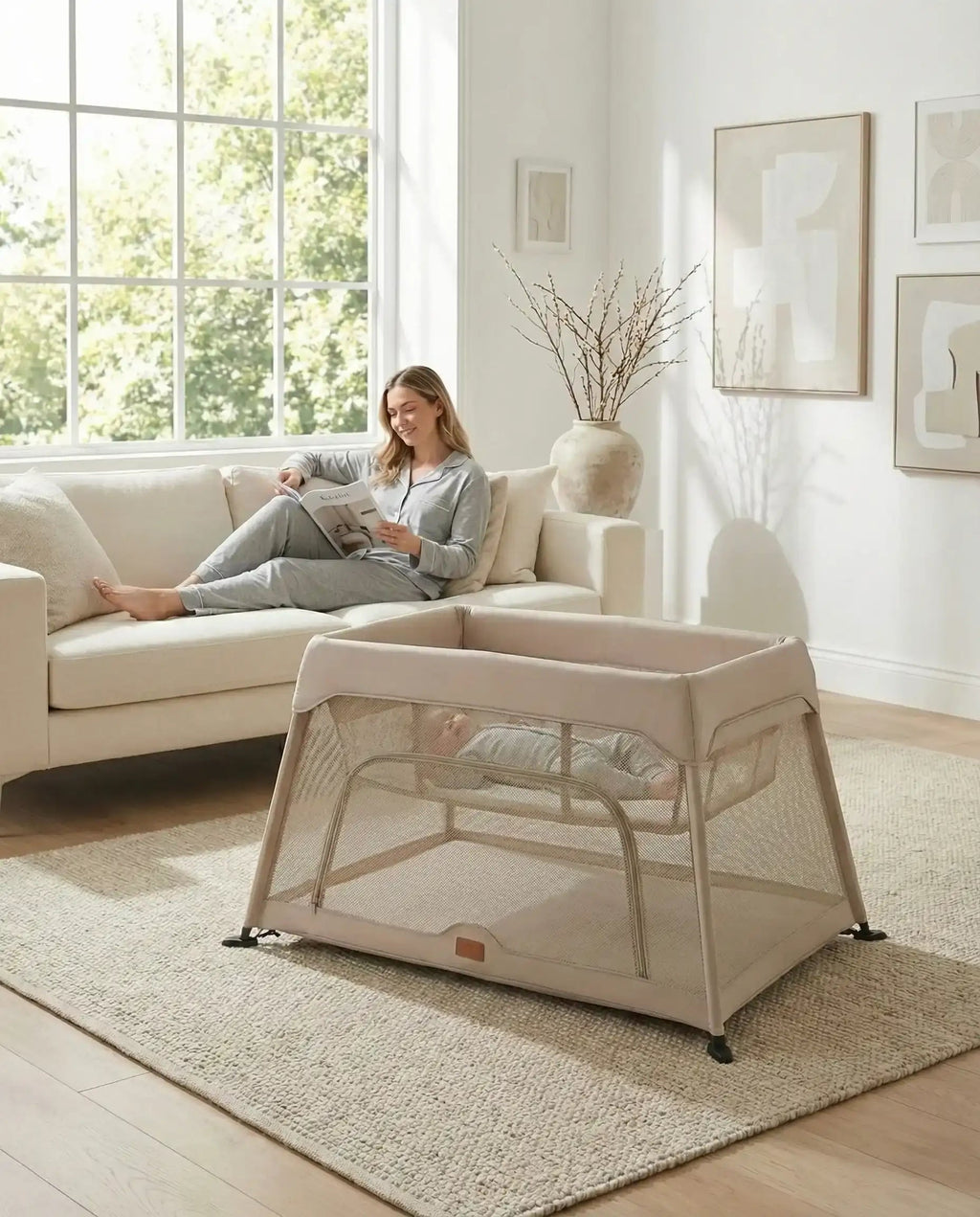 Travel Cot with Newborn Bassinet Insert in Beige