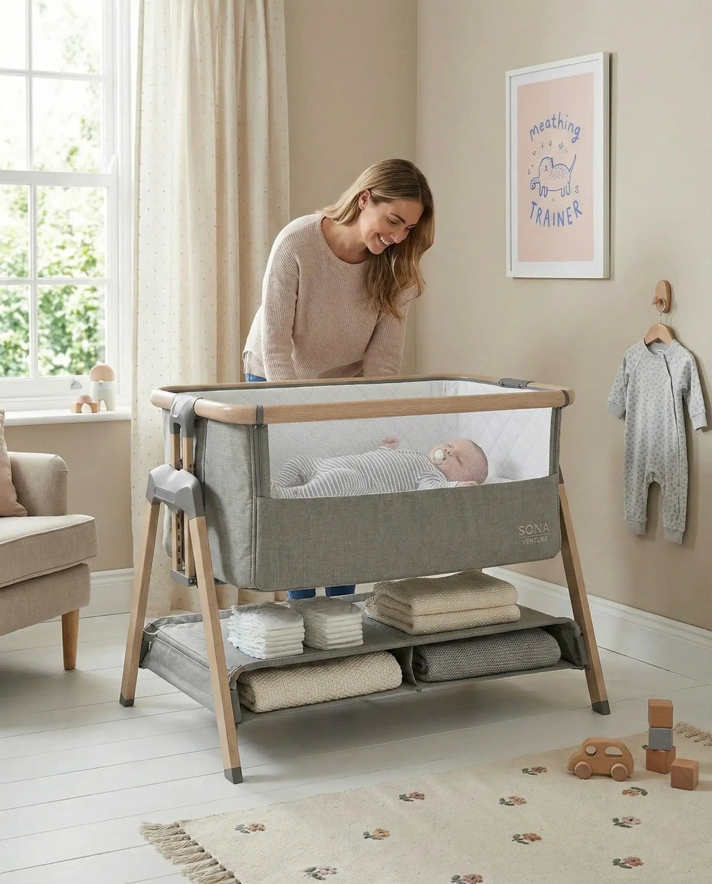 Bedside and Co-Sleeping Crib in Grey