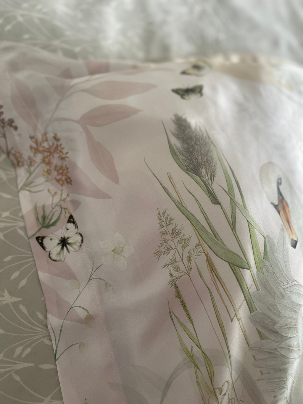 Cream Silk Pillowcase with Hand Painted Graceful Print Standard Oxford