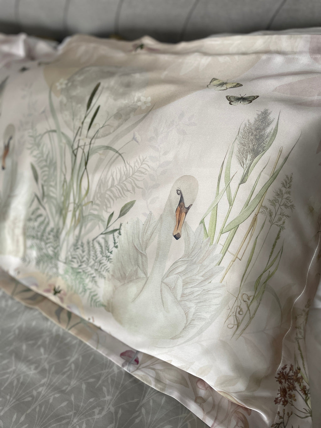 Cream Silk Pillowcase with Hand Painted Graceful Print Standard Oxford