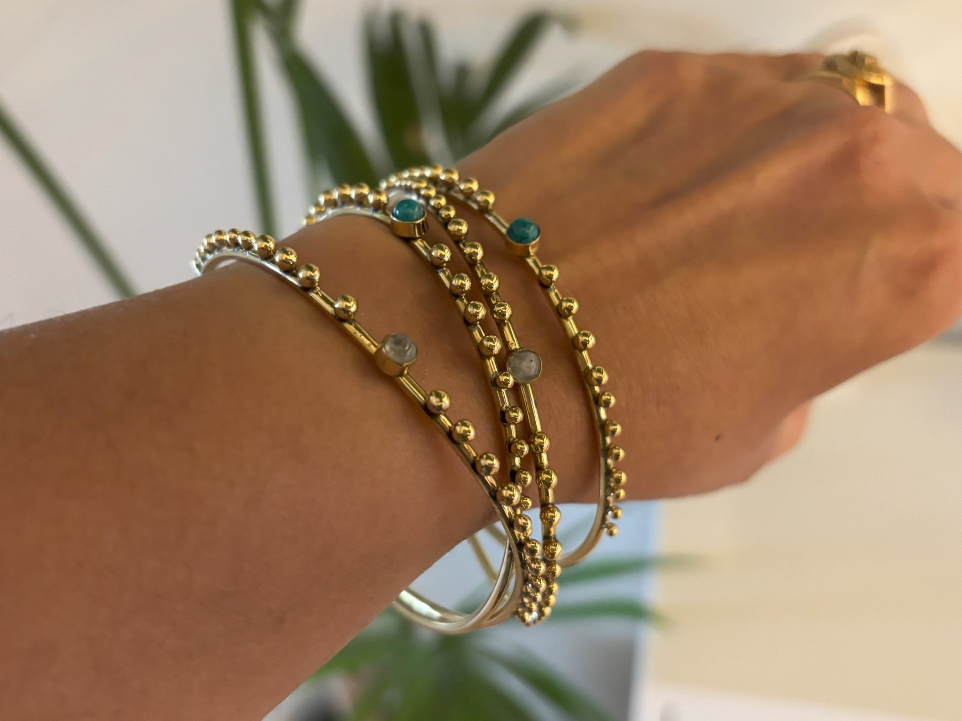 Turquoise/Moonstone Beaded Brass Bangles.