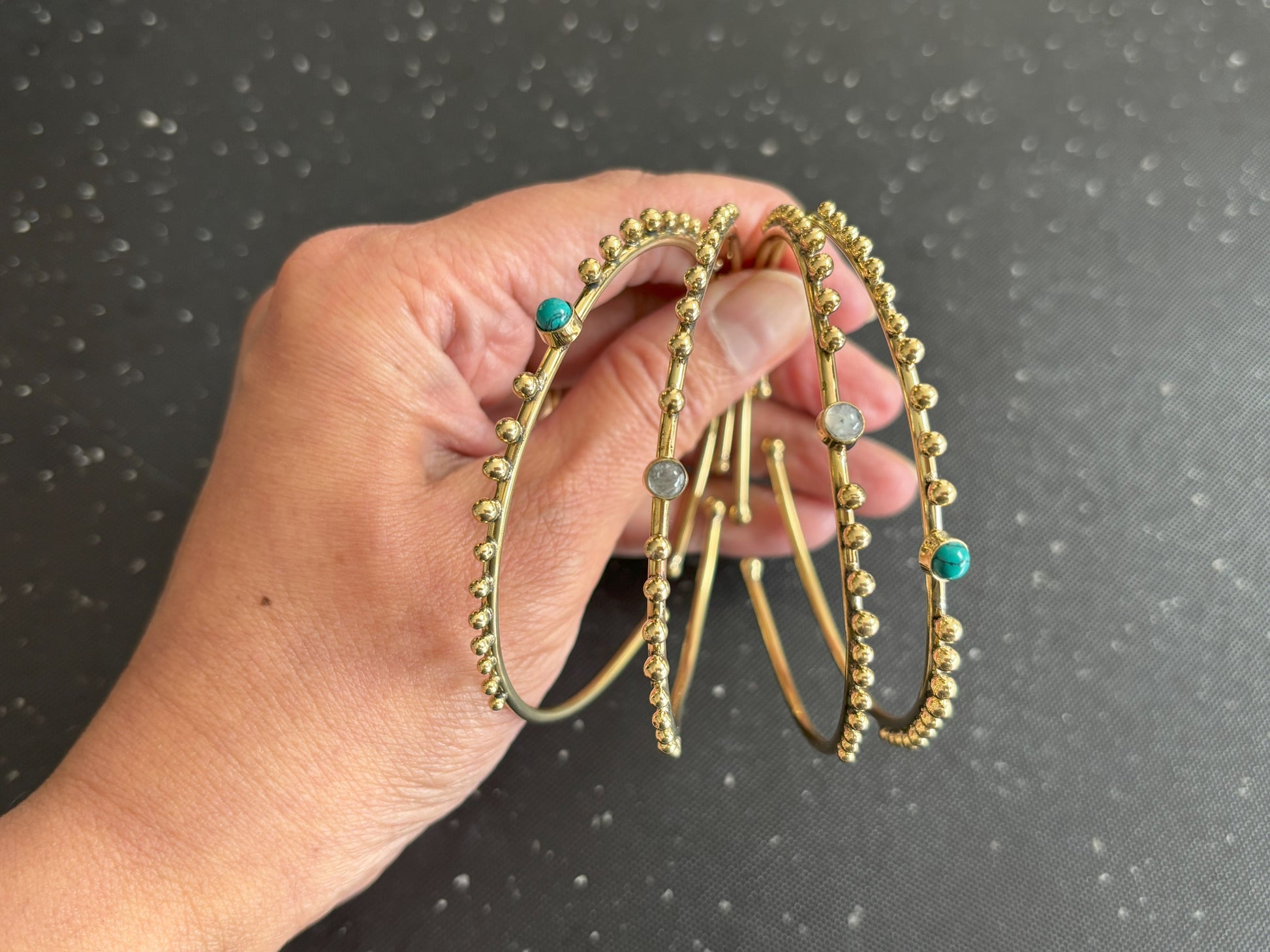 Turquoise/Moonstone Beaded Brass Bangles.