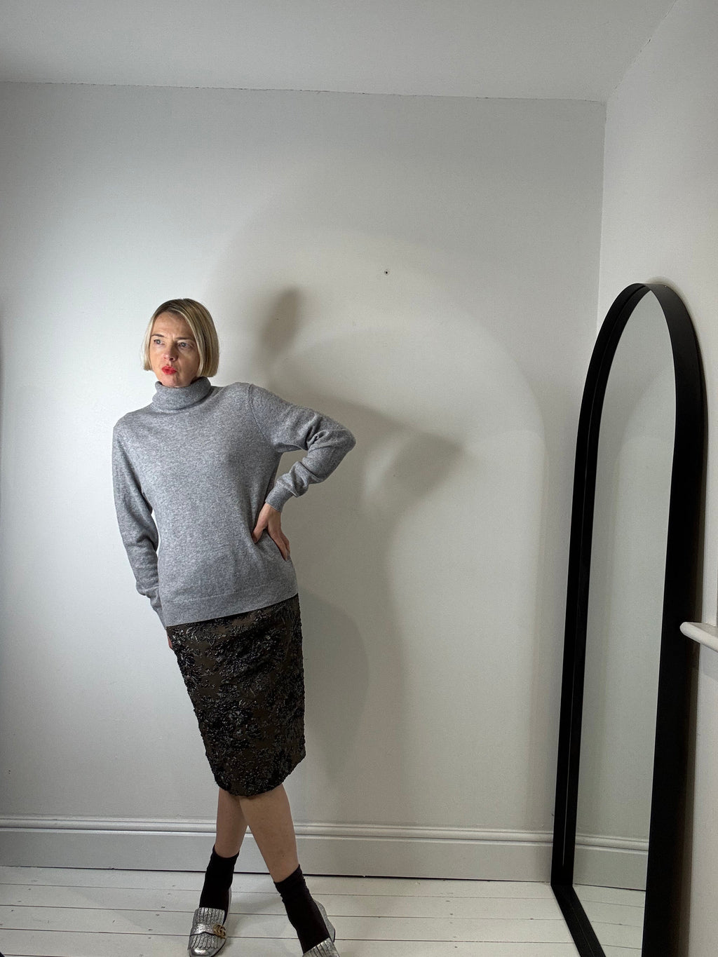 Grey Marl Cashmere Roll Neck Jumper