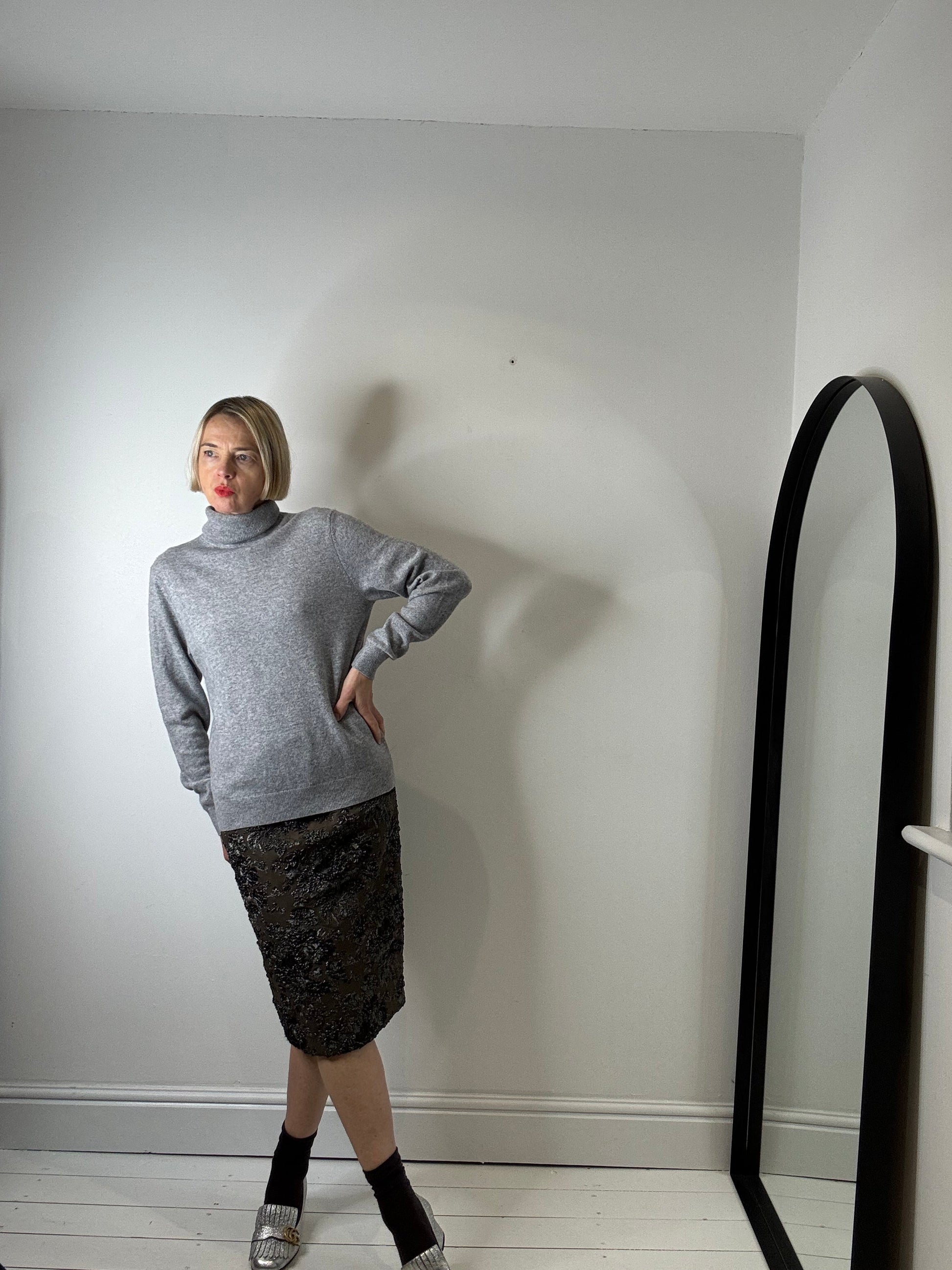 Grey Marl Cashmere Roll Neck Jumper