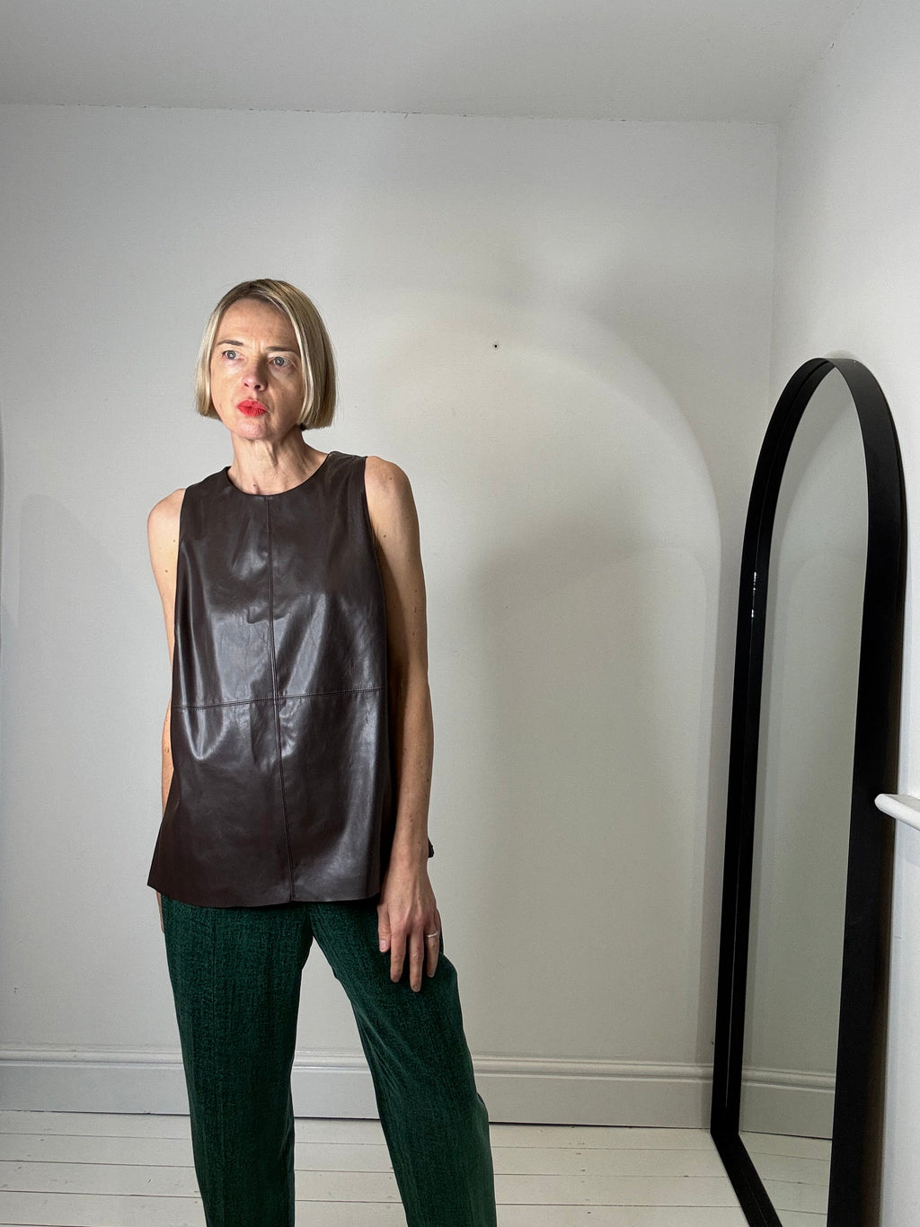 Chocolate Brown Faux Leather Top with Keyhole Detail