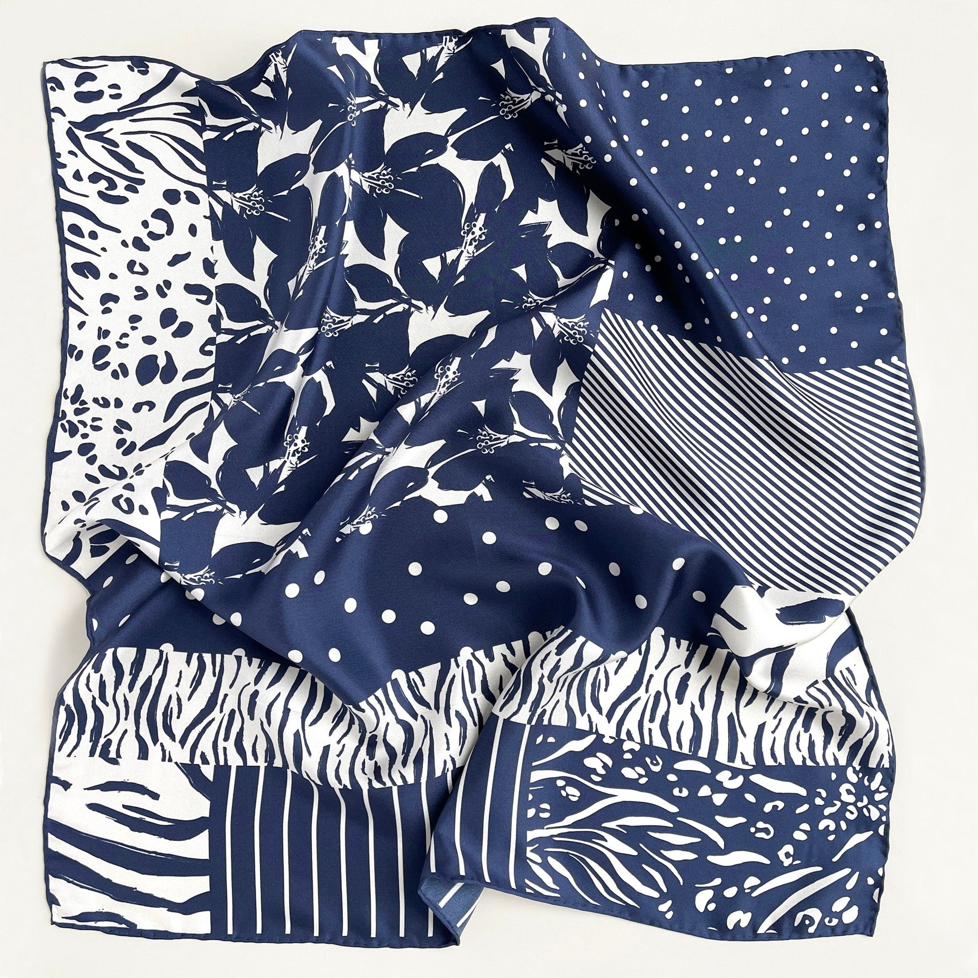 Navy Floral & Dots Silk Scarf Bandana – 65cm for Women