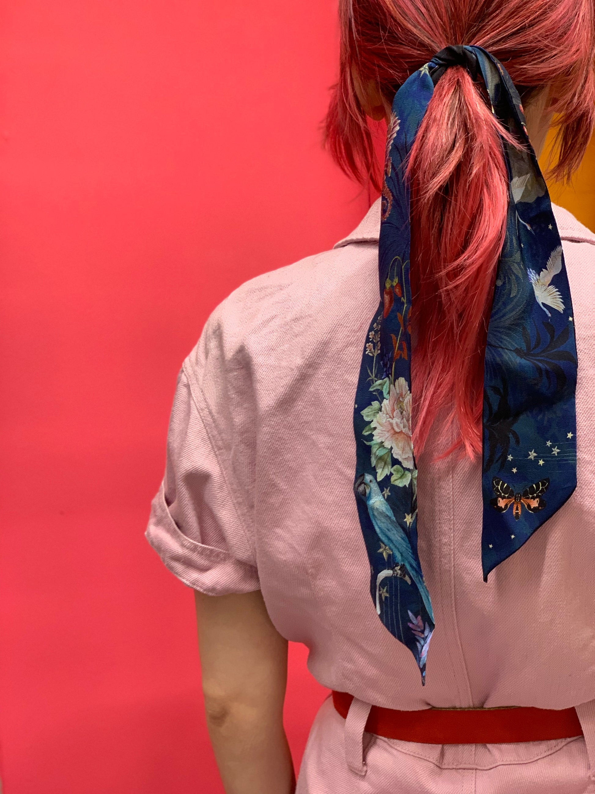 Navy Skinny Silk Scarf in Wondrous Botanical Print