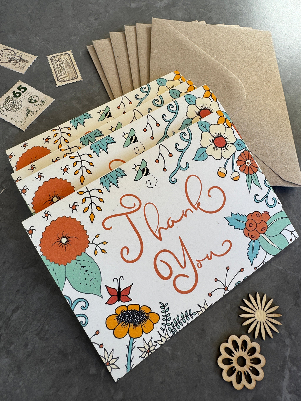Thank You Note Card Set Orange Florals