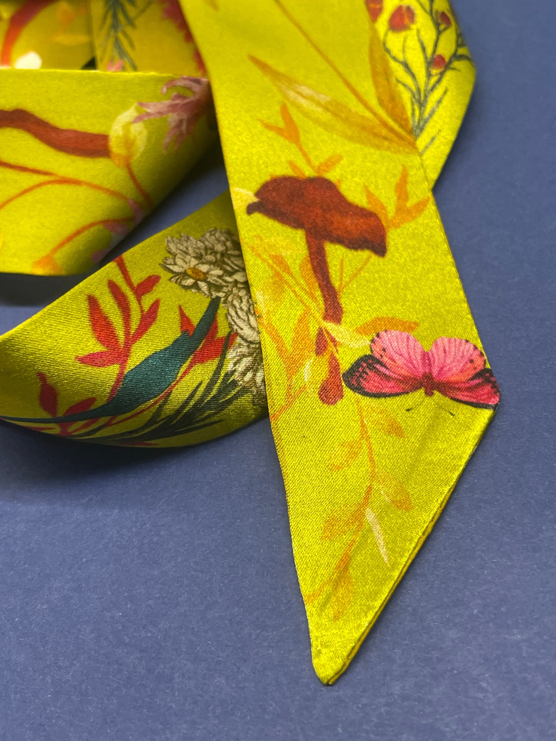 Ochre Yellow Silk Satin Ultra Skinny Scarf with Sunflowers and Mushrooms