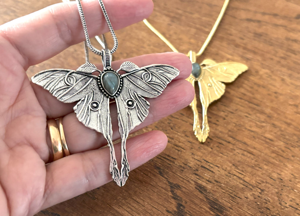 Gold/Sliver Luna Moth Necklace with Labradorite/Moonstone – Nature-Inspired Boho Statement Pendant.