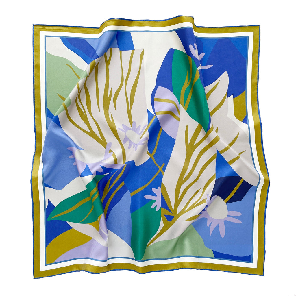 Blue Abstract Lotus Silk Square Scarf - 65cm Double-Sided Print Unisex Bandana Scarf with Hand-rolled Edges
