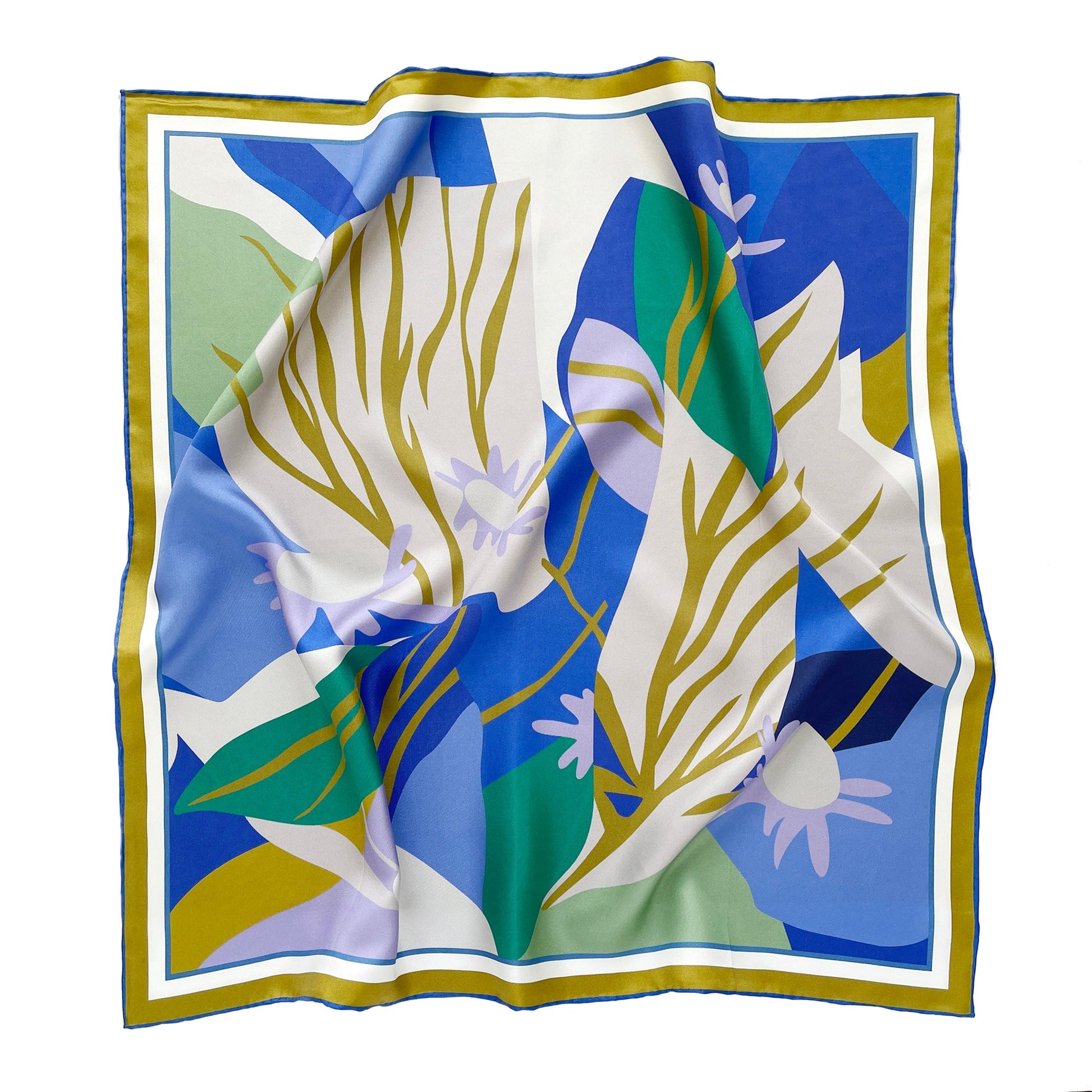 Blue Abstract Lotus Silk Square Scarf - 65cm Double-Sided Print Unisex Bandana Scarf with Hand-rolled Edges