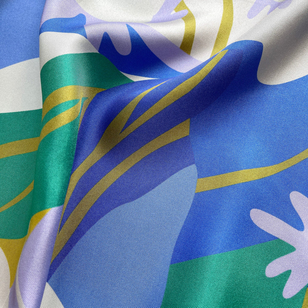 Blue Abstract Lotus Silk Square Scarf - 65cm Double-Sided Print Unisex Bandana Scarf with Hand-rolled Edges