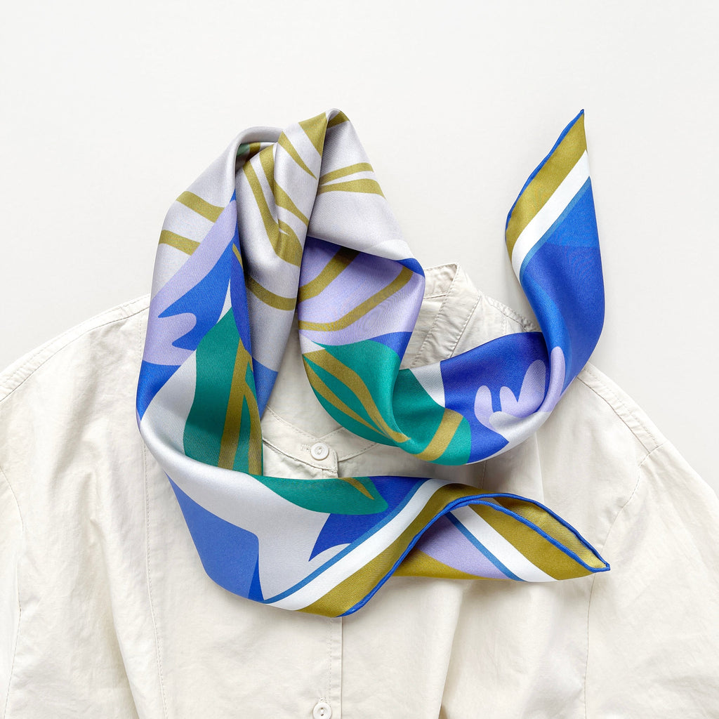 Blue Abstract Lotus Silk Square Scarf - 65cm Double-Sided Print Unisex Bandana Scarf with Hand-rolled Edges