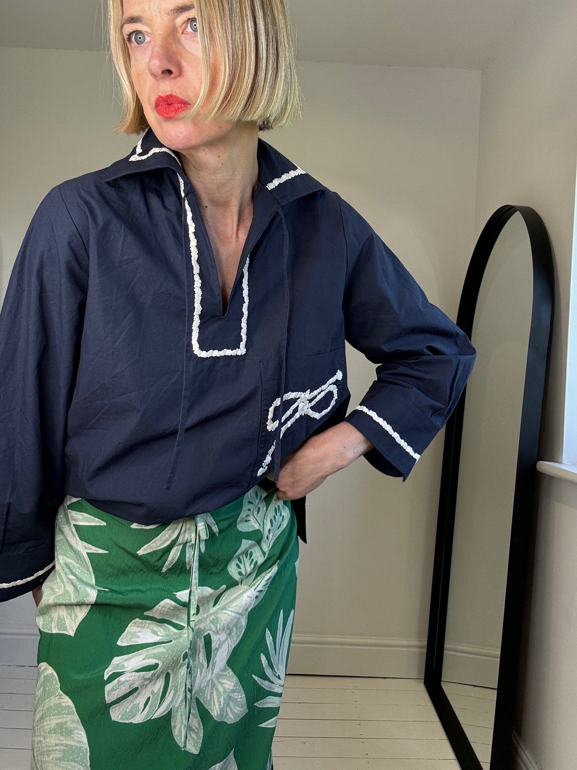 Nautical Navy Cotton Top with Rope Pocket Detail