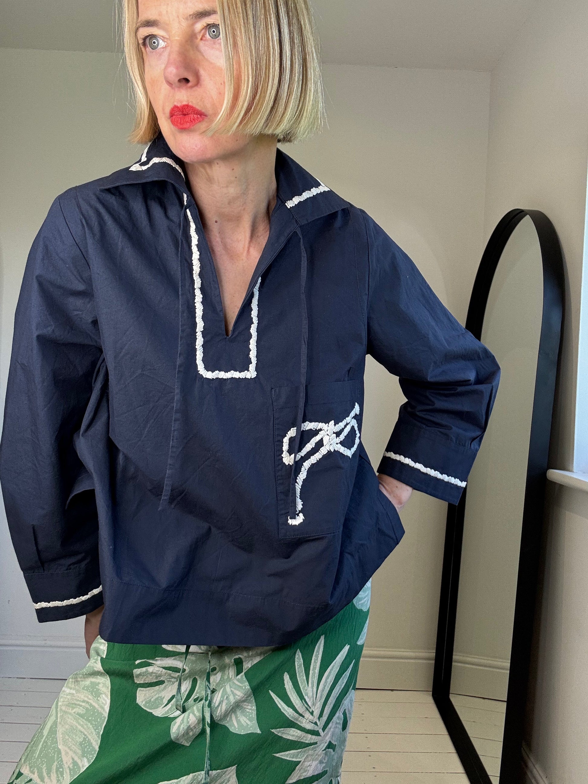 Nautical Navy Cotton Top with Rope Pocket Detail