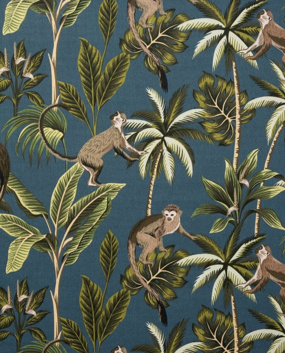 Jungle monkey cotton, in teal, drum lampshade /ceiling shade with a white lining