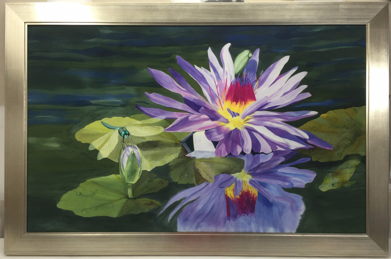 "Sparhawk Dragonfly and Waterlily" - Painting on Silk - NFS