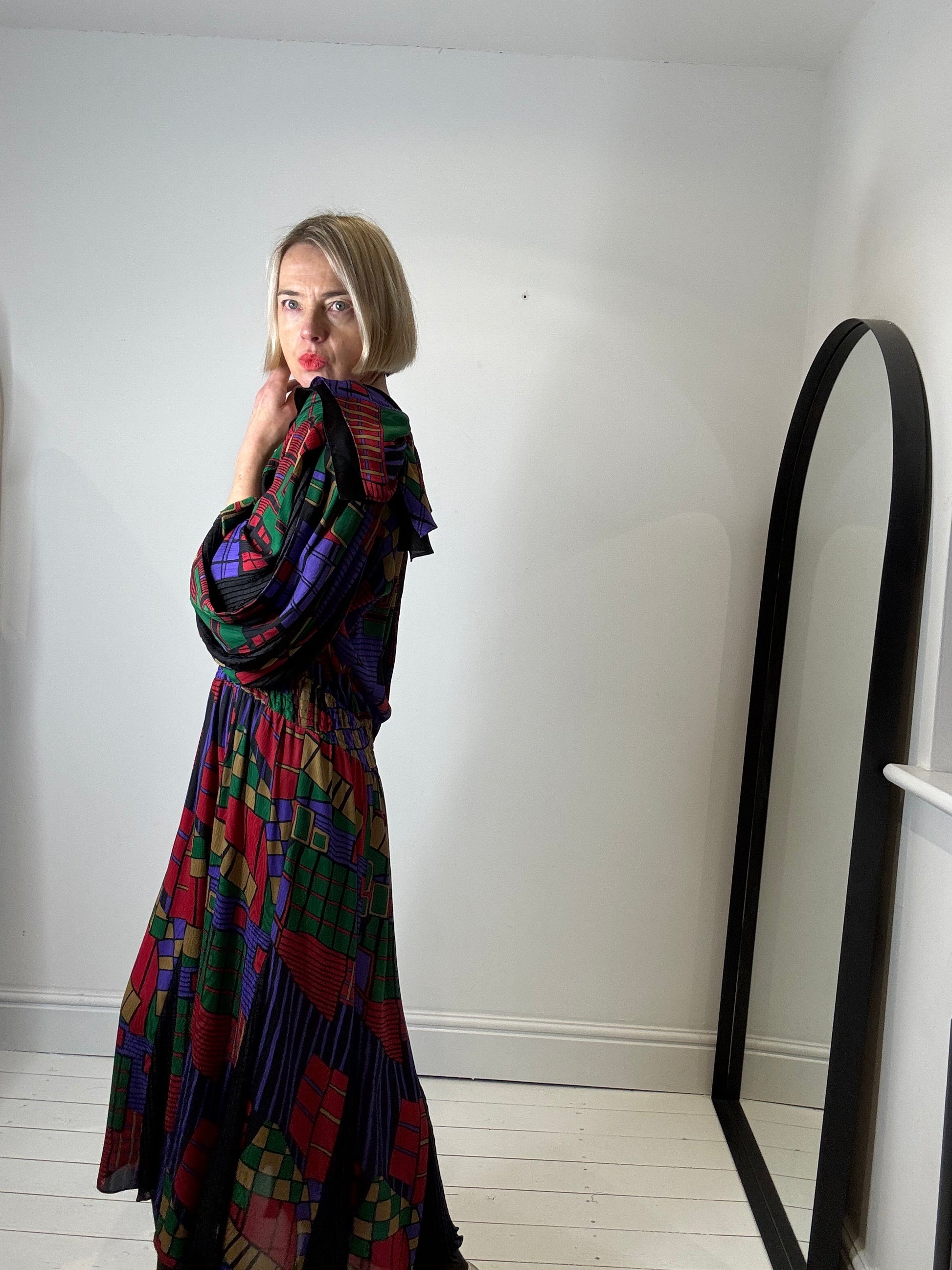 Vintage Mixed Print Georgette Dress with Tassel Ties