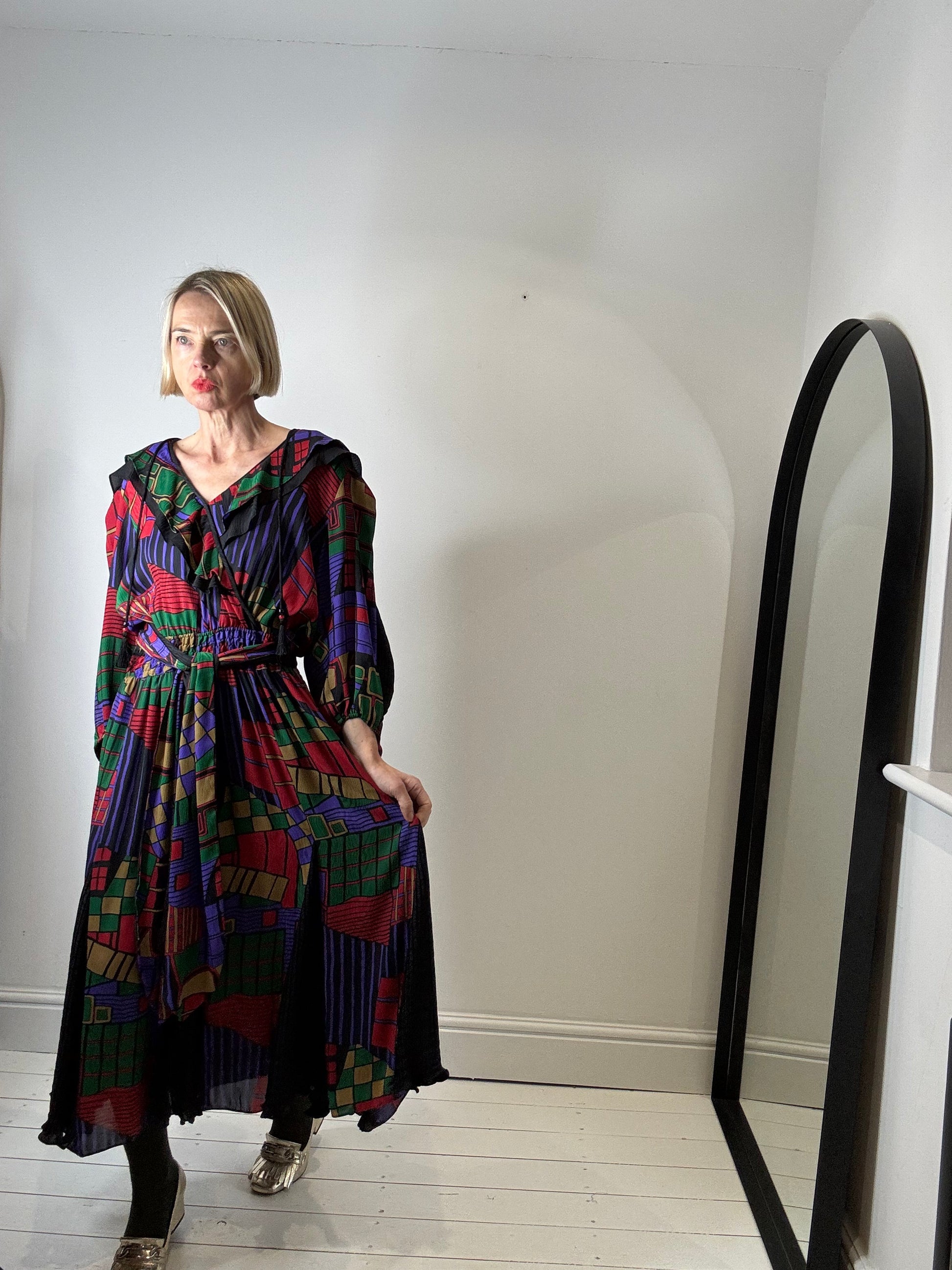 Vintage Mixed Print Georgette Dress with Tassel Ties