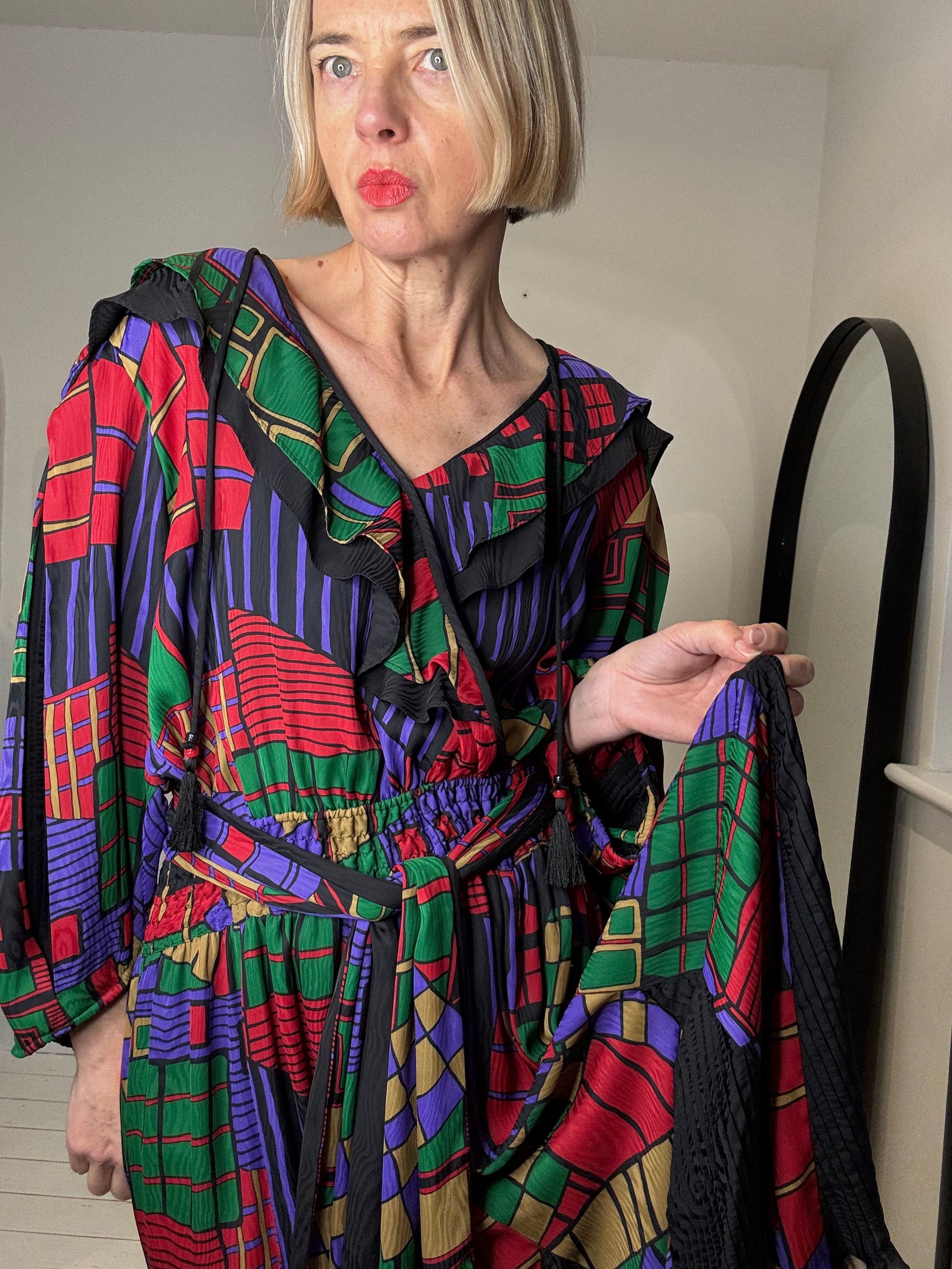 Vintage Mixed Print Georgette Dress with Tassel Ties