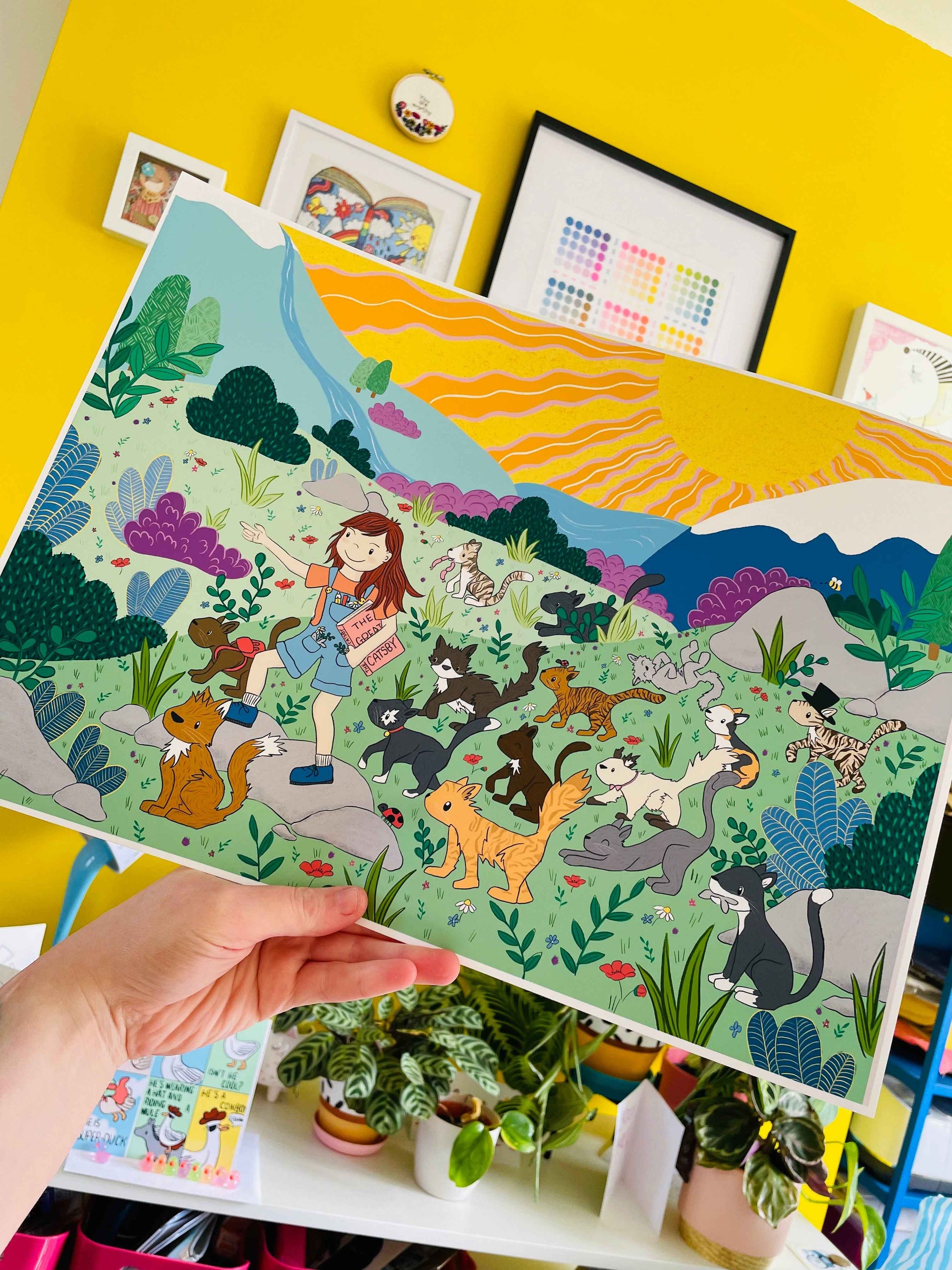 Adventuring Cats Illustration Wall Print