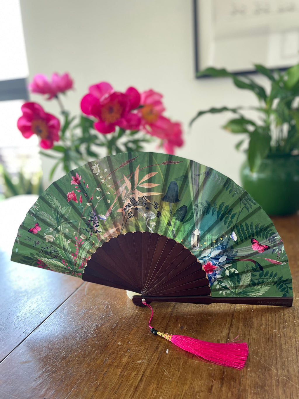 Green Silk Hand Fan with Mushroom and Crystal Botanical Artwork