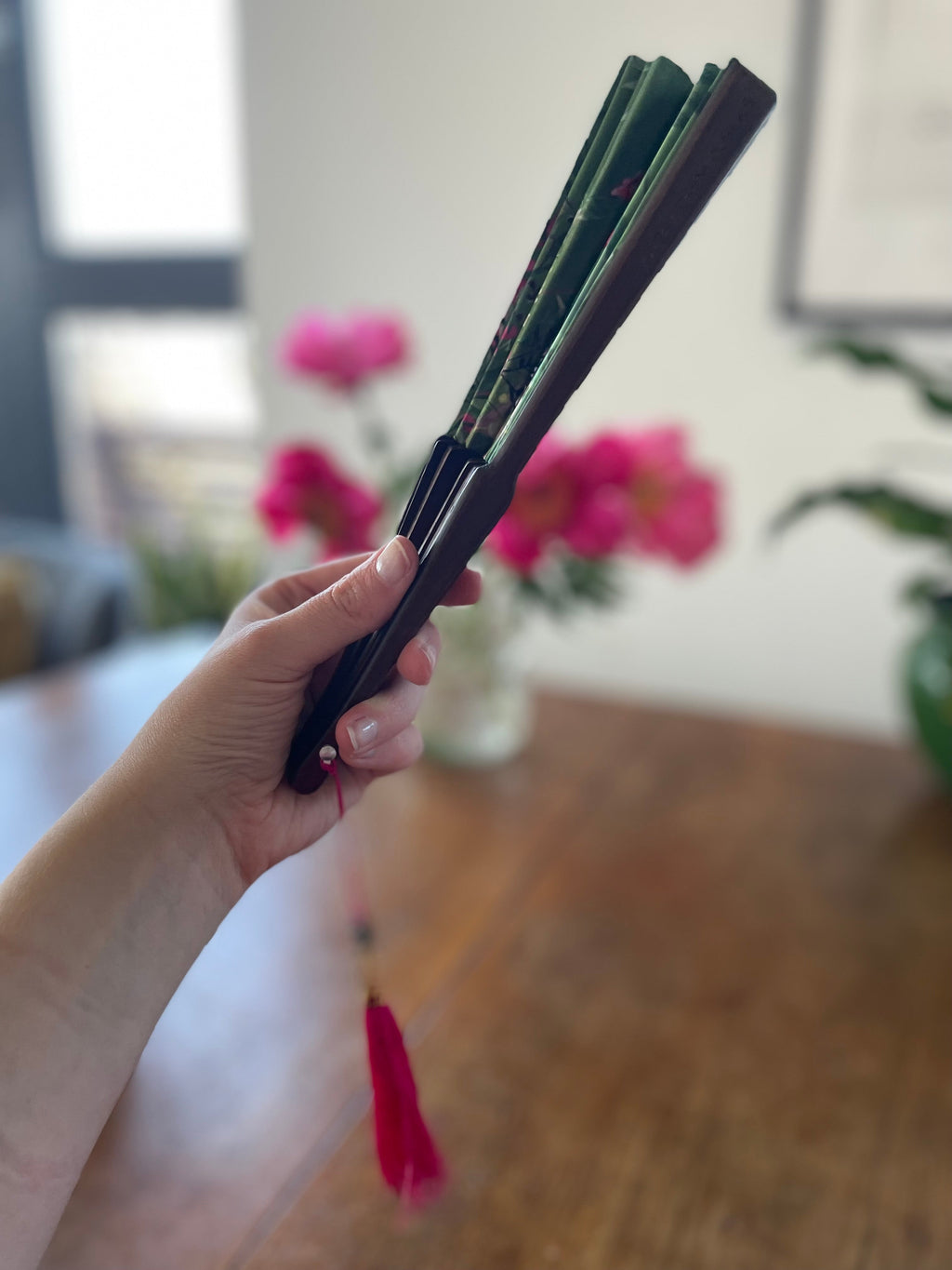 Green Silk Hand Fan with Mushroom and Crystal Botanical Artwork