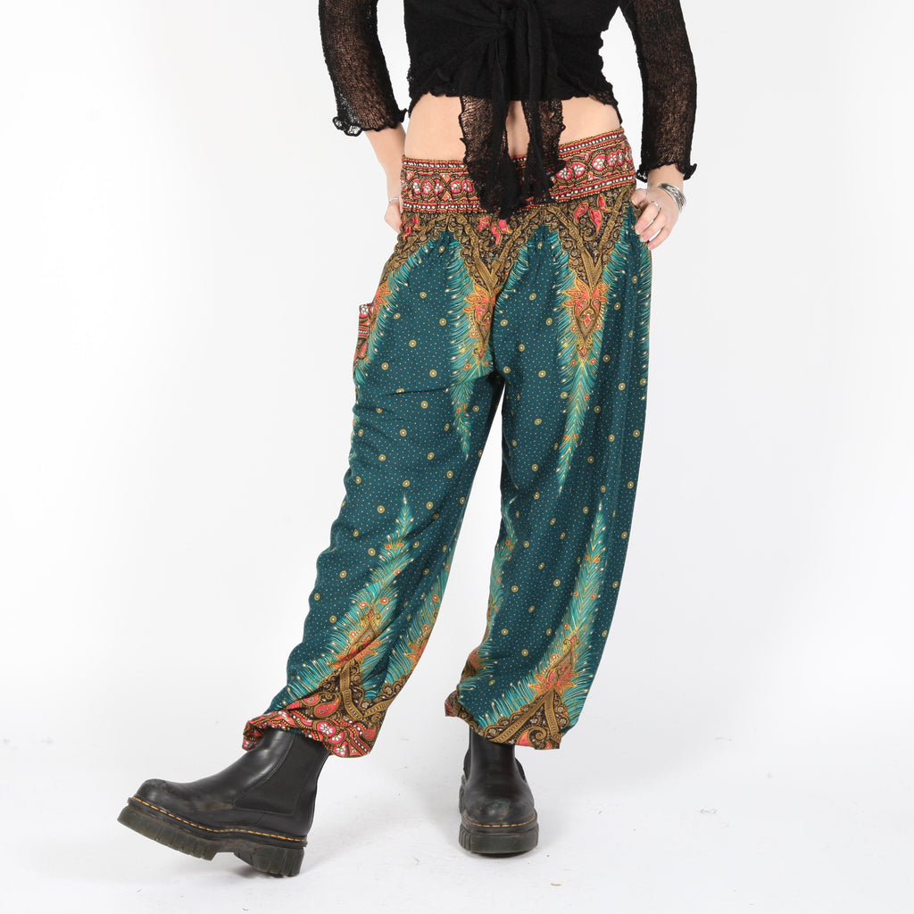 Peacock Feather Harem Pants in Turquoise