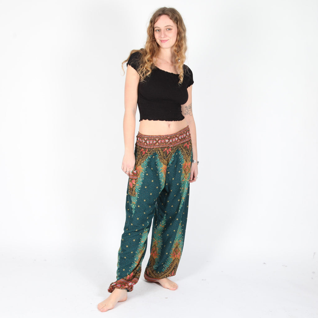 Peacock Feather Harem Pants in Turquoise
