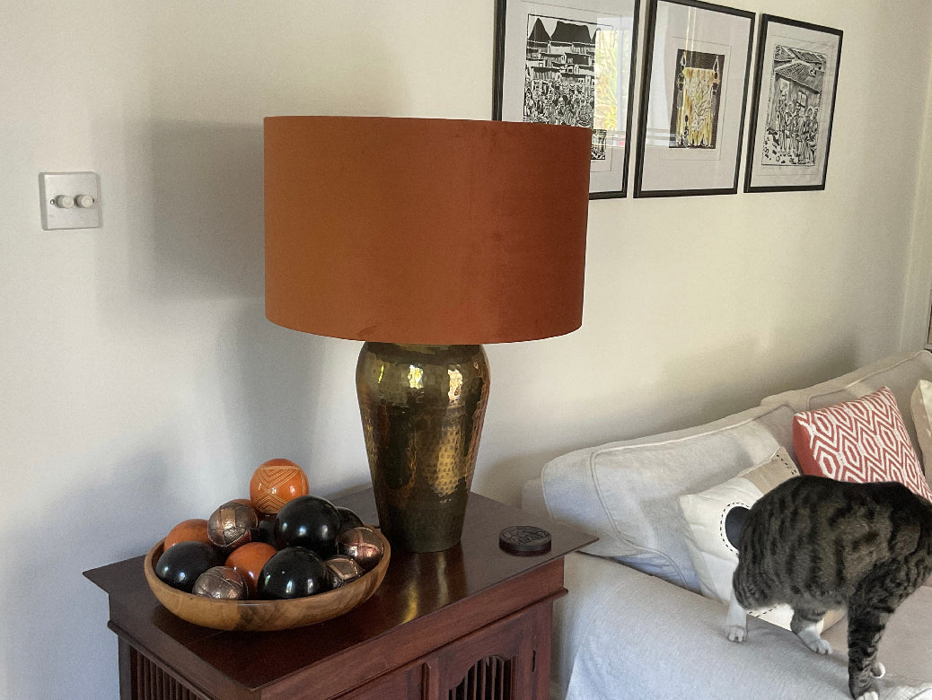 Burnt orange velvet drum lampshade/ ceiling light shade with sage green cotton interior