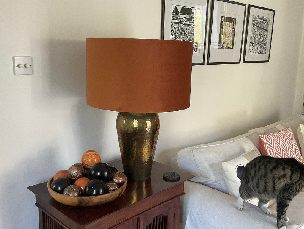 Burnt orange velvet drum lampshade/ ceiling light shade with zebra print cotton interior
