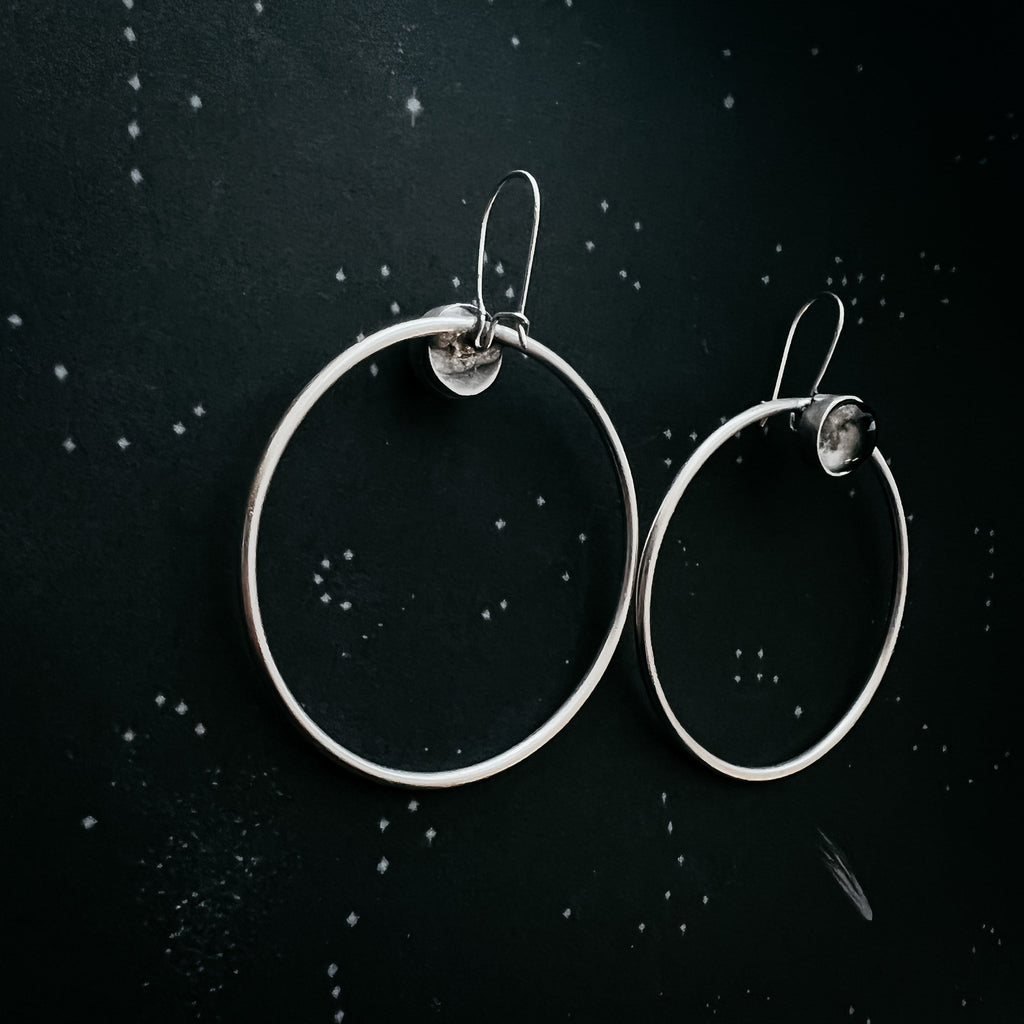 Large Silver Hoop Earrings with Meteorite Stone