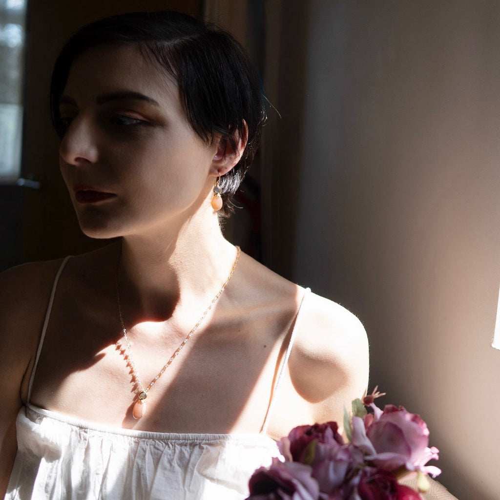 Persephone Double Gemstone Beaded Chain Necklace Peach Moonstone & Labradorite