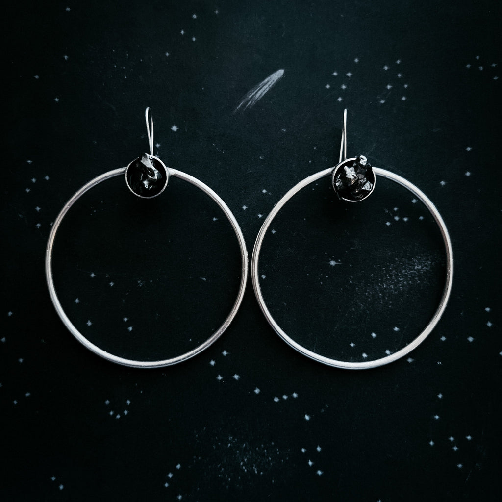 Large Silver Hoop Earrings with Meteorite Stone