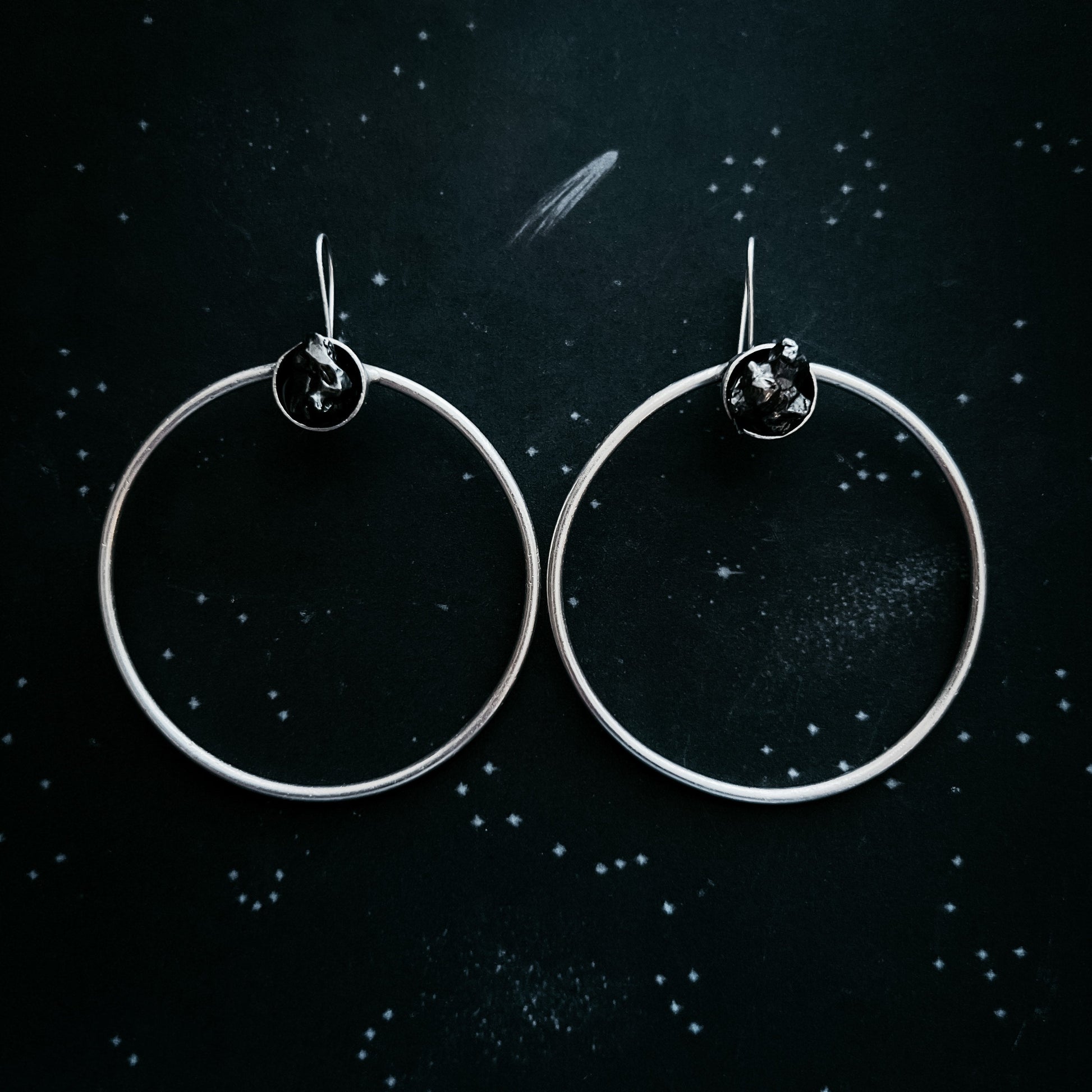 Large Silver Hoop Earrings with Meteorite Stone