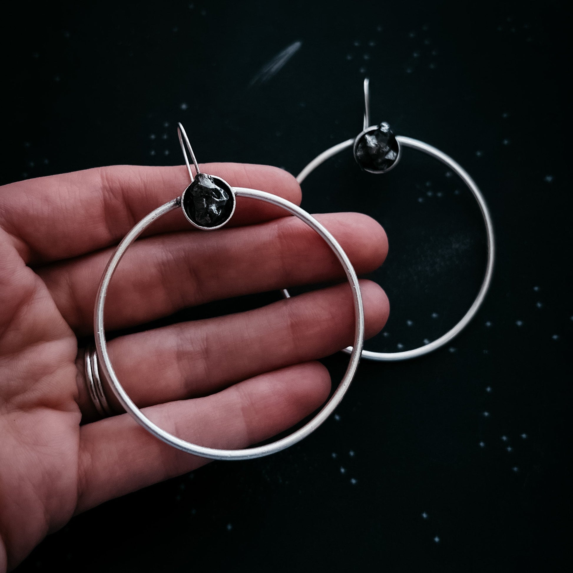 Large Silver Hoop Earrings with Meteorite Stone