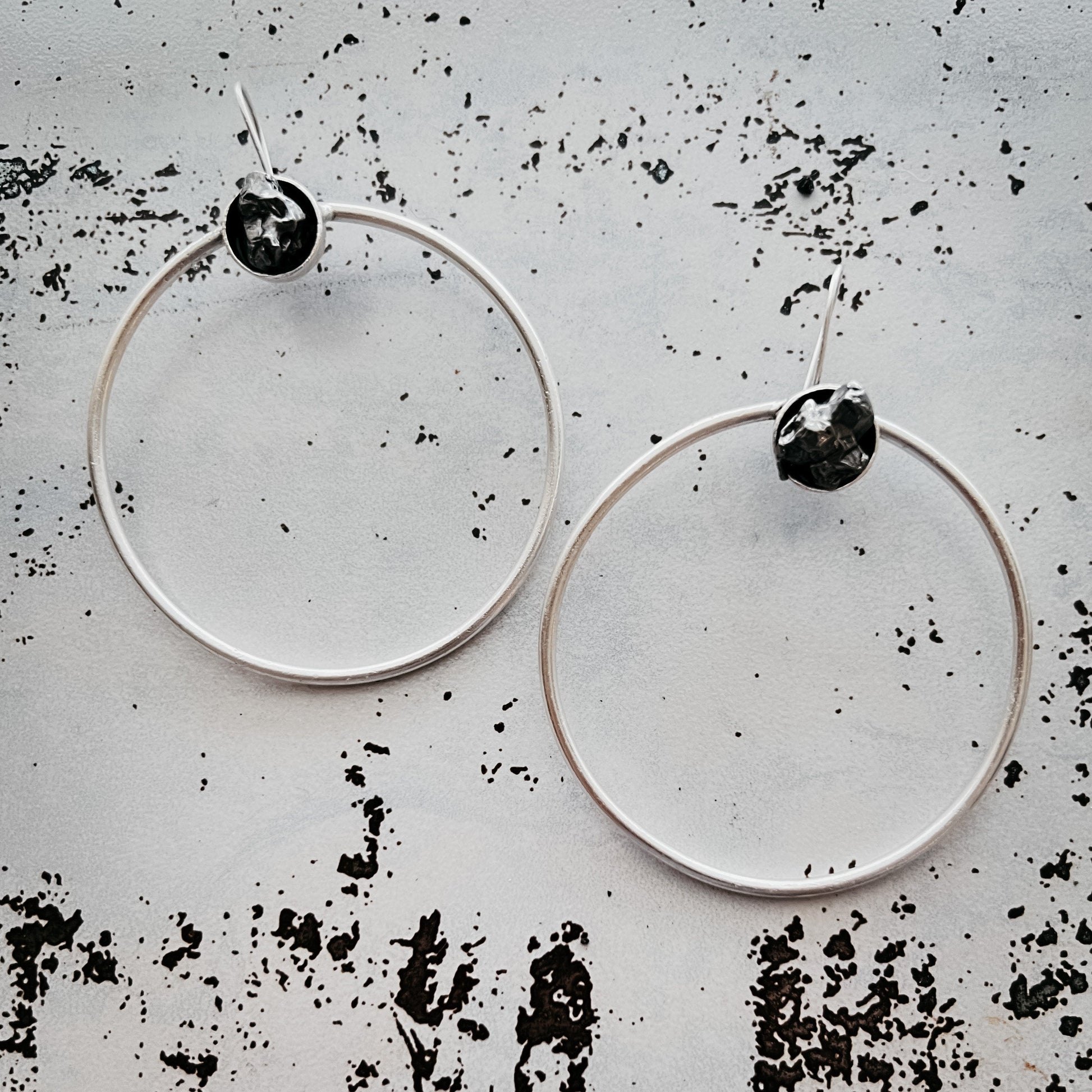 Large Silver Hoop Earrings with Meteorite Stone