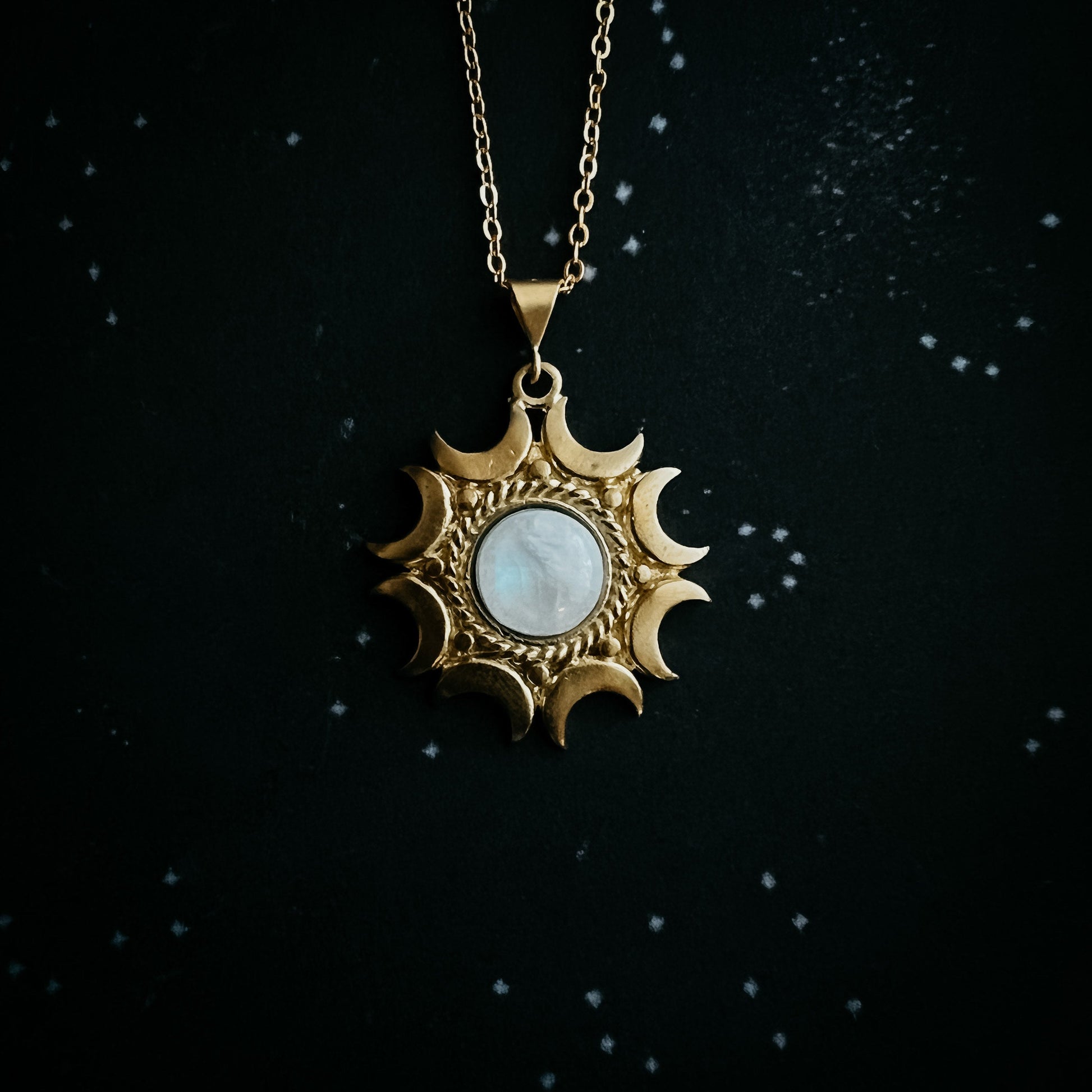 Rainbow Moonstone Lunar Necklace in Gold or Silver