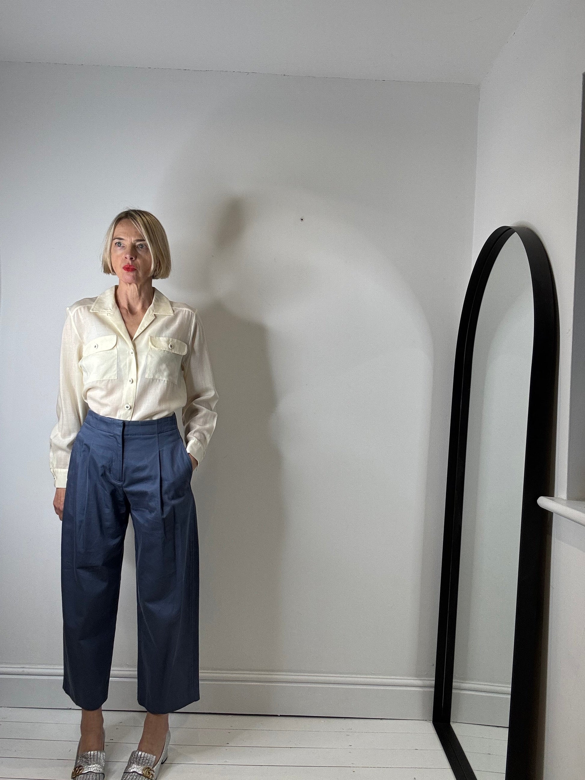 Cotton Twill Barrel Leg Tailored Trousers