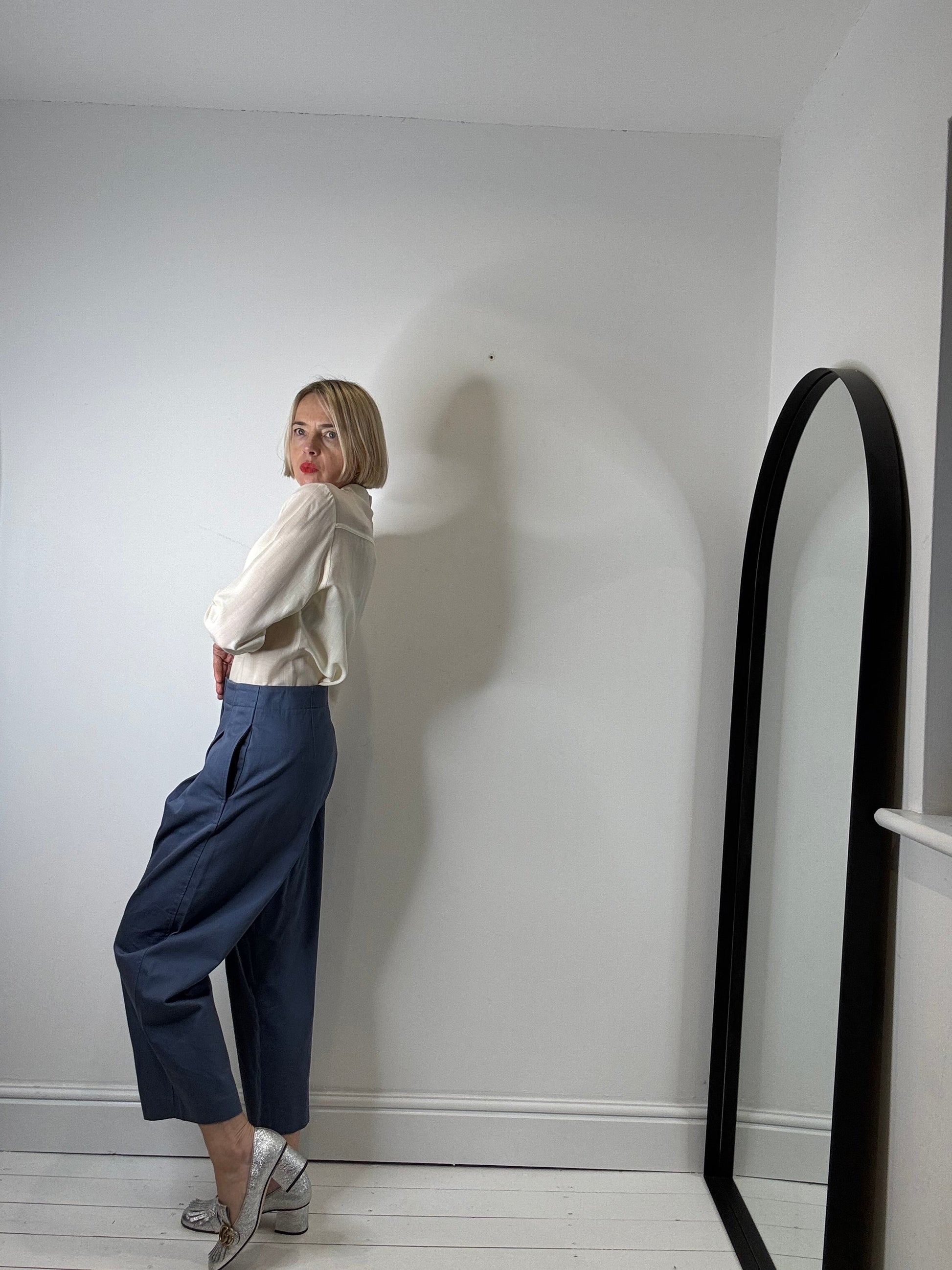 Cotton Twill Barrel Leg Tailored Trousers