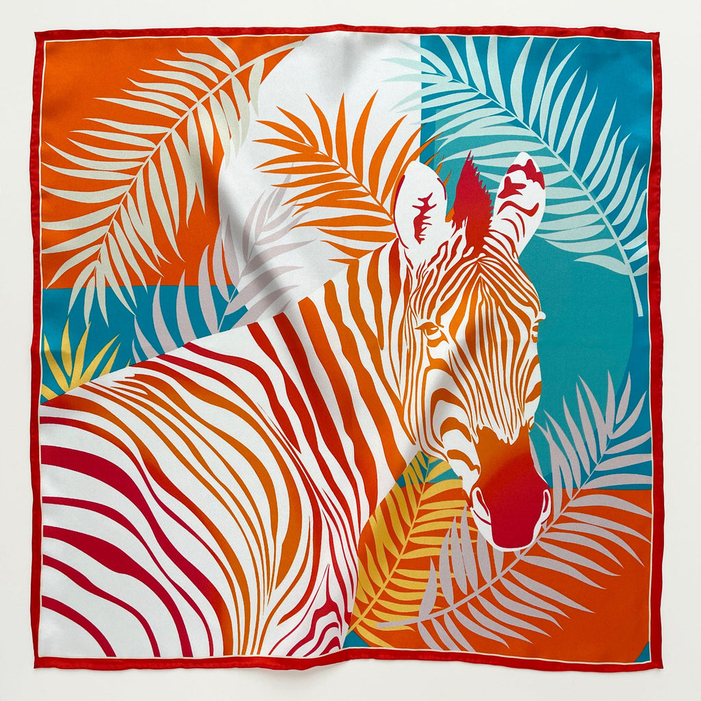 Vibrant Jungle Bloom Silk Scarf - 53cm Double-Sided Print Women's Bandana with Hand-Rolled Edges