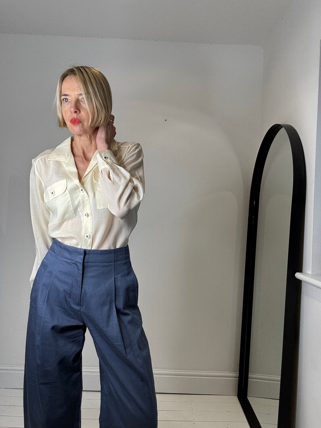 Cotton Twill Barrel Leg Tailored Trousers