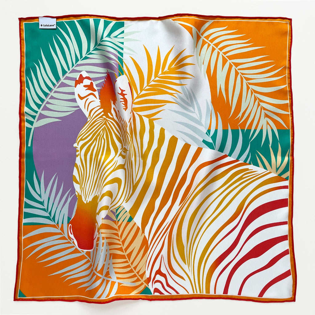 Vibrant Jungle Bloom Silk Scarf - 53cm Double-Sided Print Women's Bandana with Hand-Rolled Edges