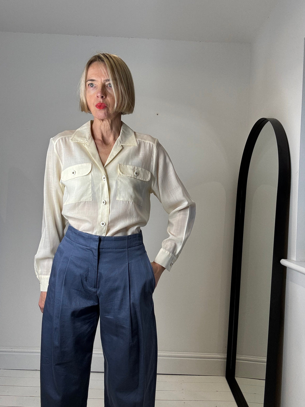 Cotton Twill Barrel Leg Tailored Trousers