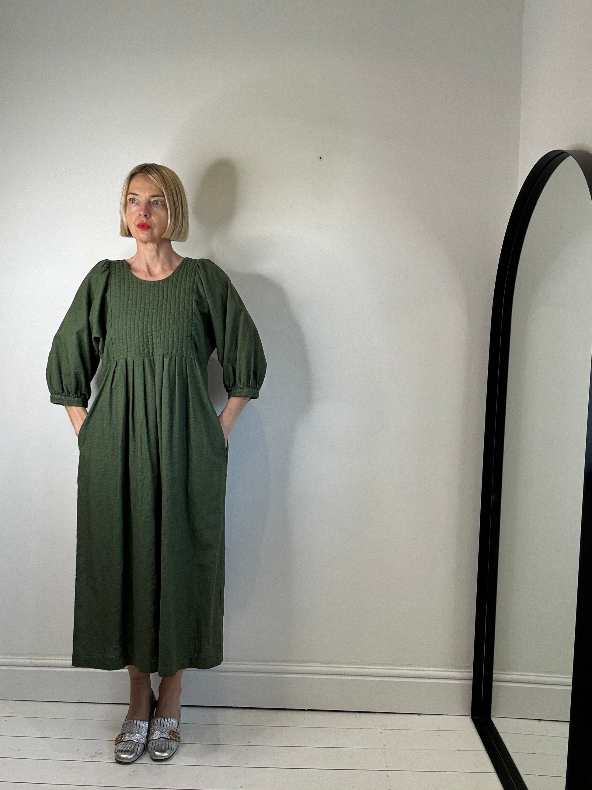 Linen Quilted Bib Dress in Khaki