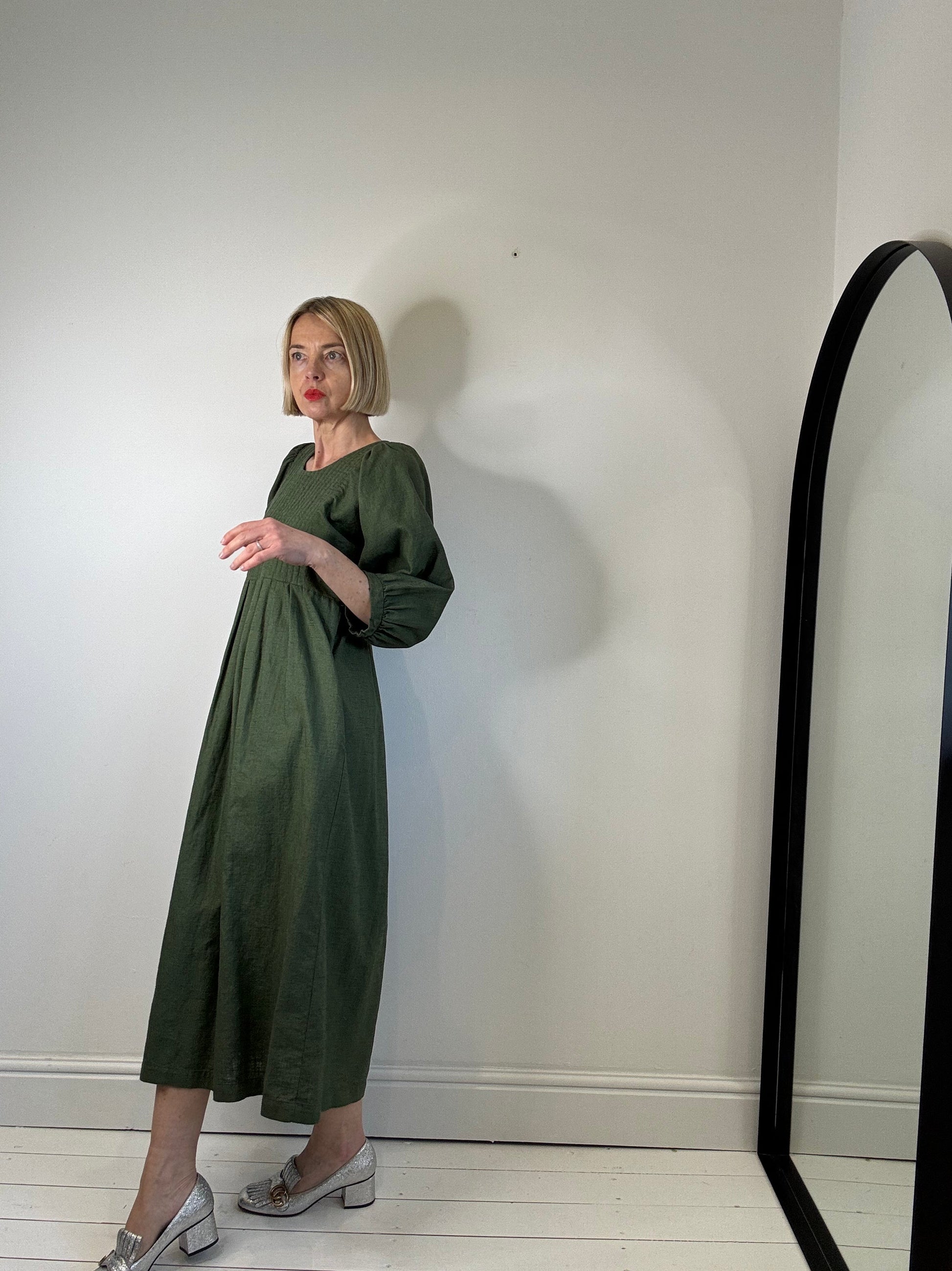 Linen Quilted Bib Dress in Khaki